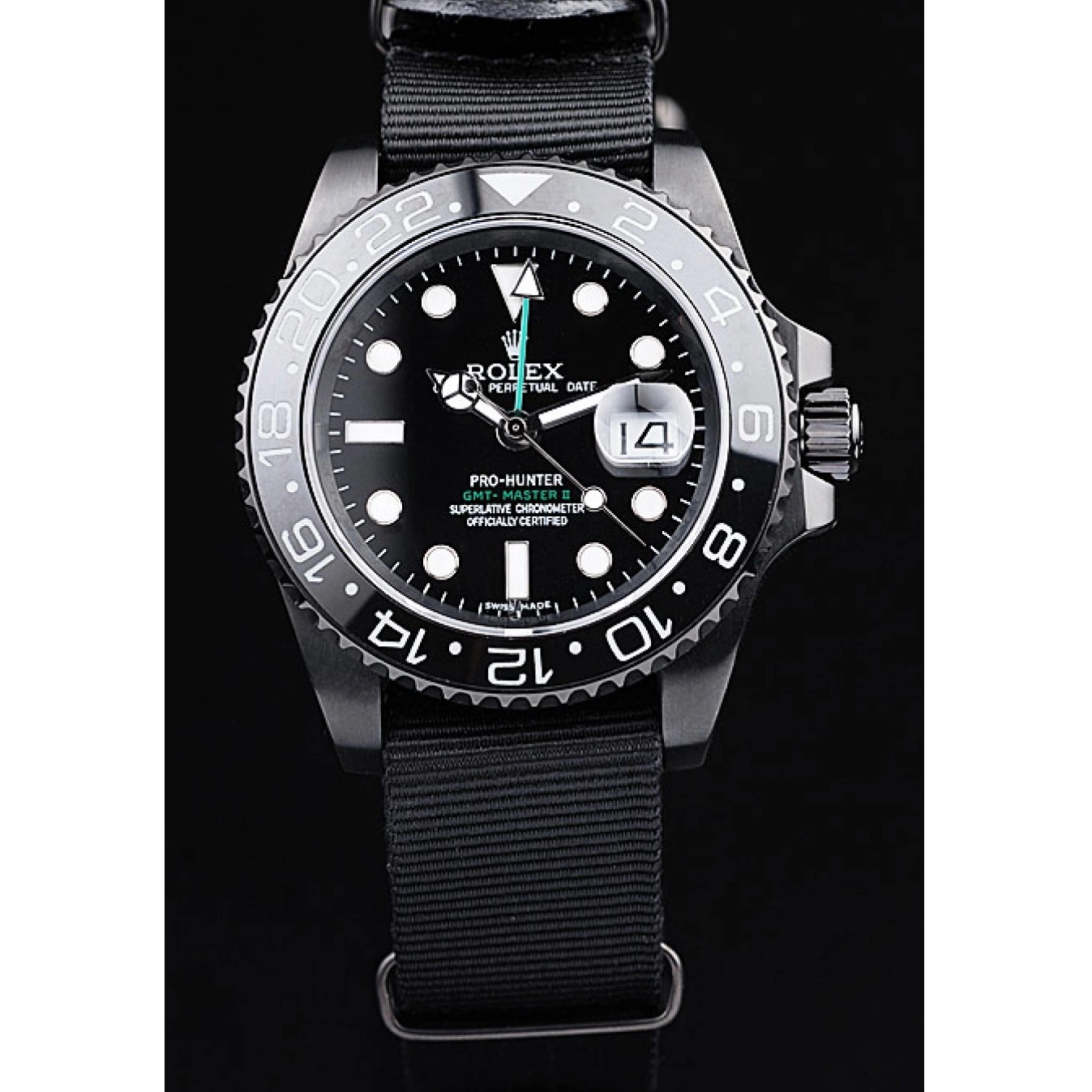 Aaa replica GMT Strap Fabric Swiss Black Rolex Master Dial Pro-Hunter II Black 0804
